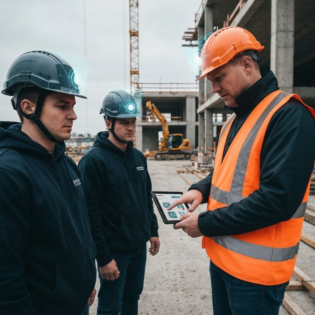 Foreman showing a smartphone screen to a subcontractor in full PPE on a rooftop